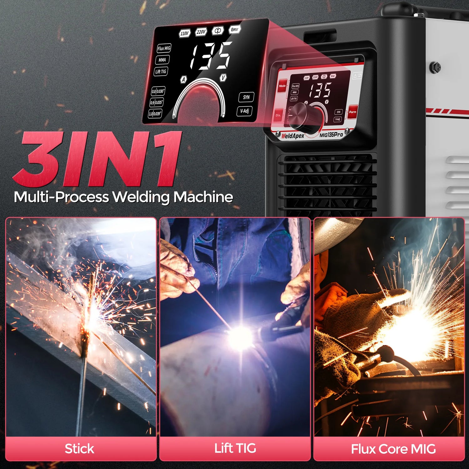 Infographic: WeldApex MIG135 Pro 3-in-1 processes—flux-core MIG, stick (MMA), and lift TIG