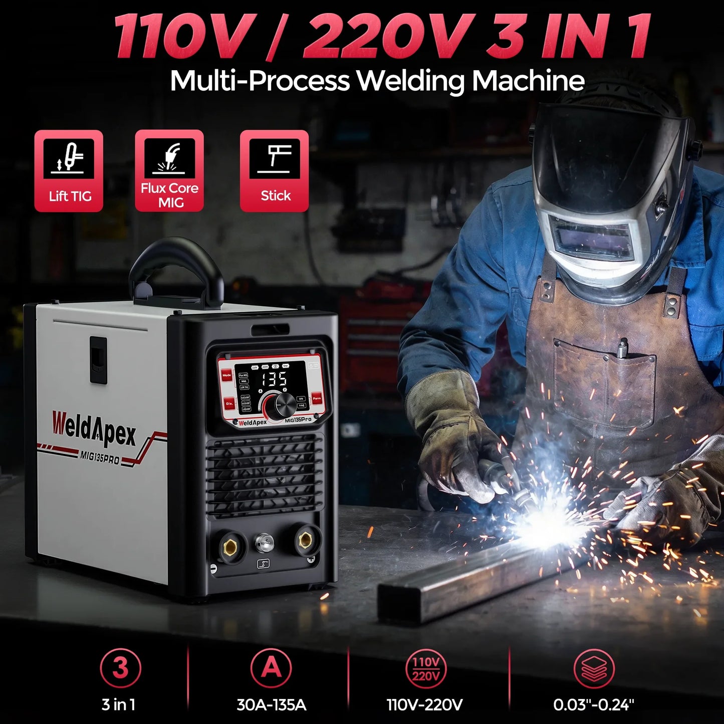 WeldApex MIG135 Pro 110V/220V 3-in-1 multi-process welder in workshop (flux-core MIG, stick, lift TIG)
