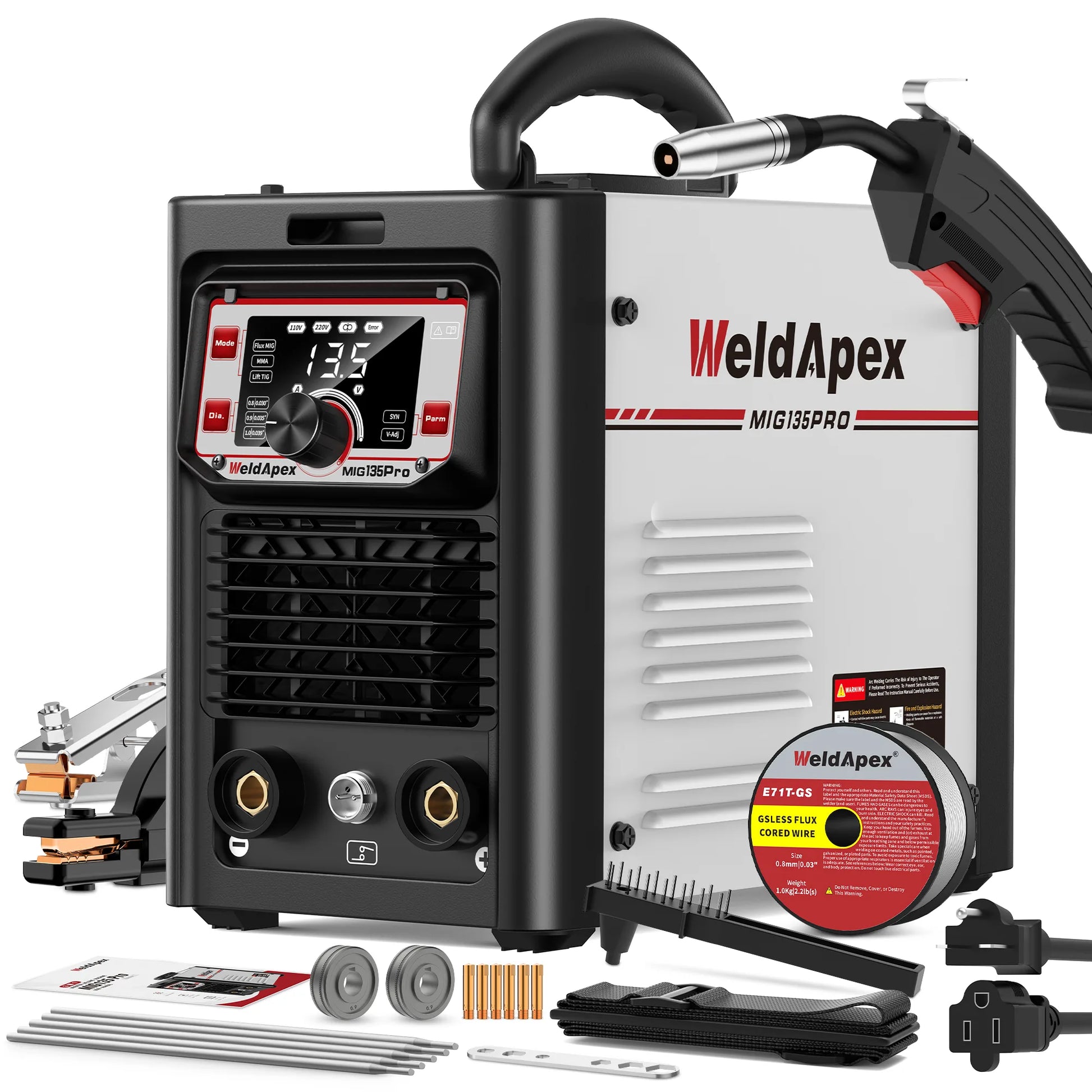 WeldApex MIG135 Pro complete kit: welder, MIG torch, ground clamp, flux-core wire, contact tips and accessories