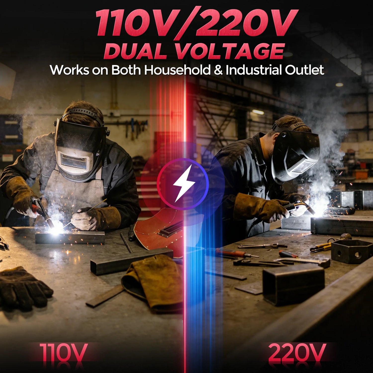 Infographic: WeldApex MIG135 Pro auto 110V/220V dual-voltage welder for household or industrial outlets