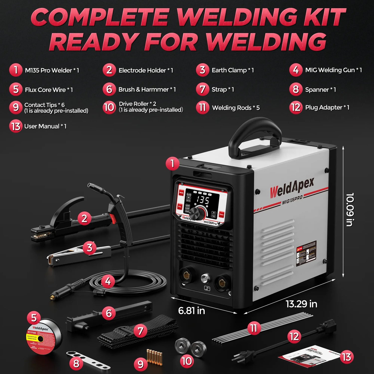 Infographic: WeldApex MIG135 Pro kit contents and dimensions 13.29 x 6.81 x 10.09 in