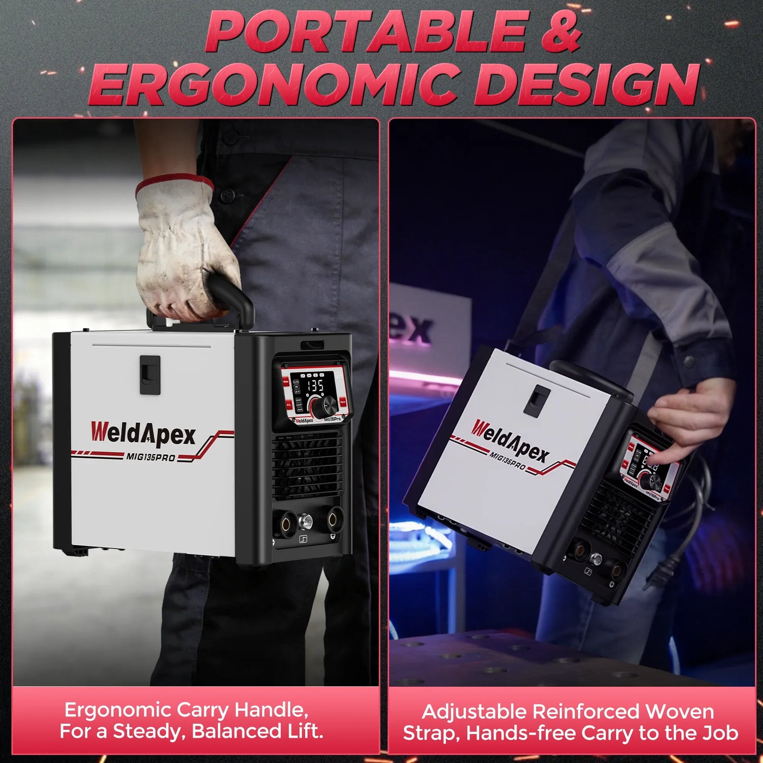 Infographic: Portable WeldApex MIG135 Pro welder with carry handle and adjustable shoulder strap