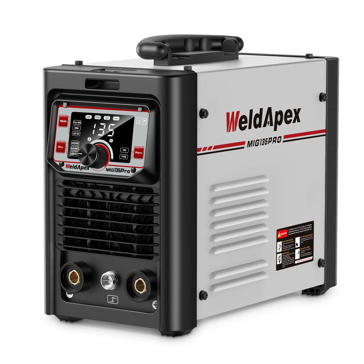 WeldApex MIG135 Pro 135A 3-in-1 welder front view with LED display (flux-core MIG, stick, lift TIG)
