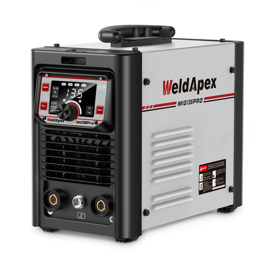 WeldApex MIG135 Pro 135A 3-in-1 welder front view with LED display (flux-core MIG, stick, lift TIG)