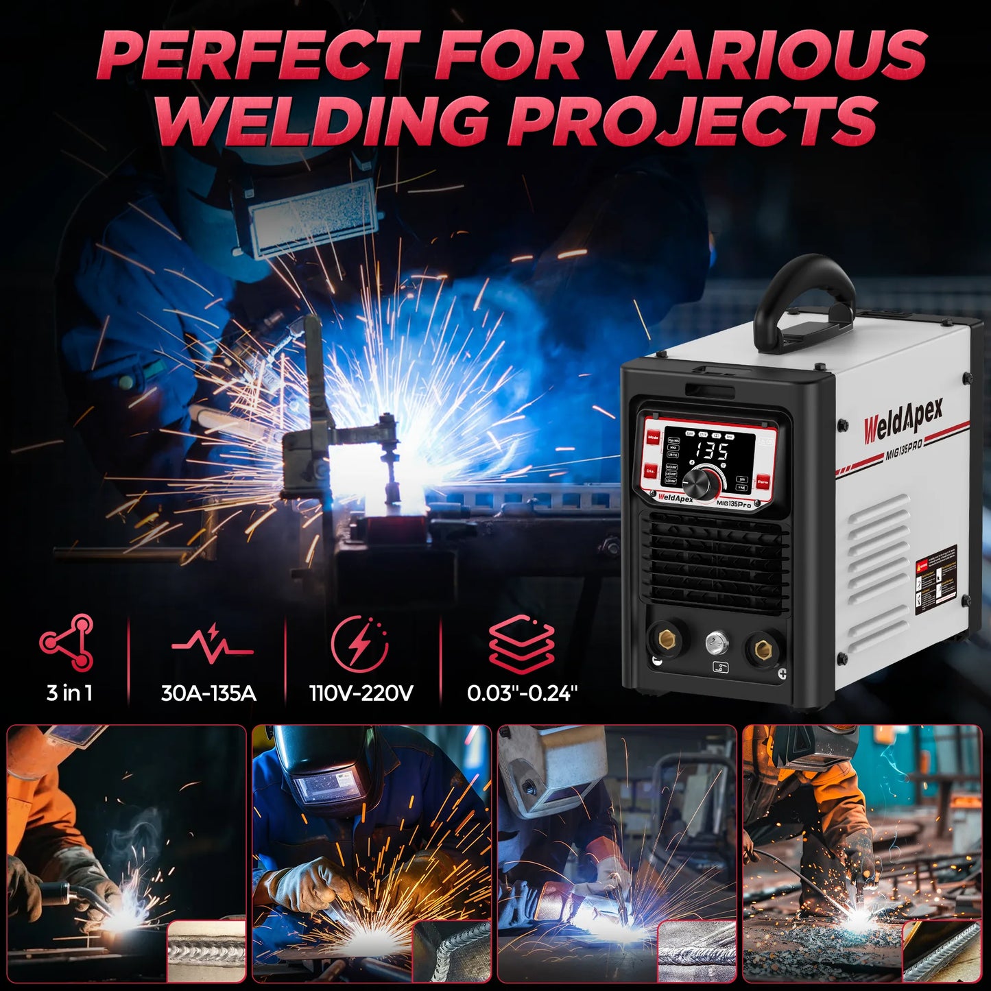 Infographic: WeldApex MIG135 Pro for various welding projects, 3-in-1, 110V/220V, 30A–135A output