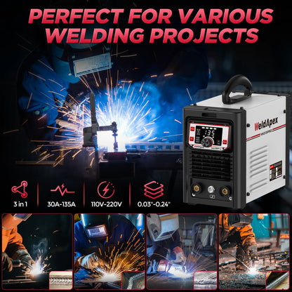 Infographic: WeldApex MIG135 Pro for various welding projects, 3-in-1, 110V/220V, 30A–135A output